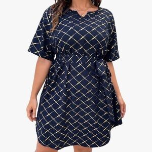 Plaid Notched V Neck Half Sleeve Belted Summer Tunic Short Dress size XL